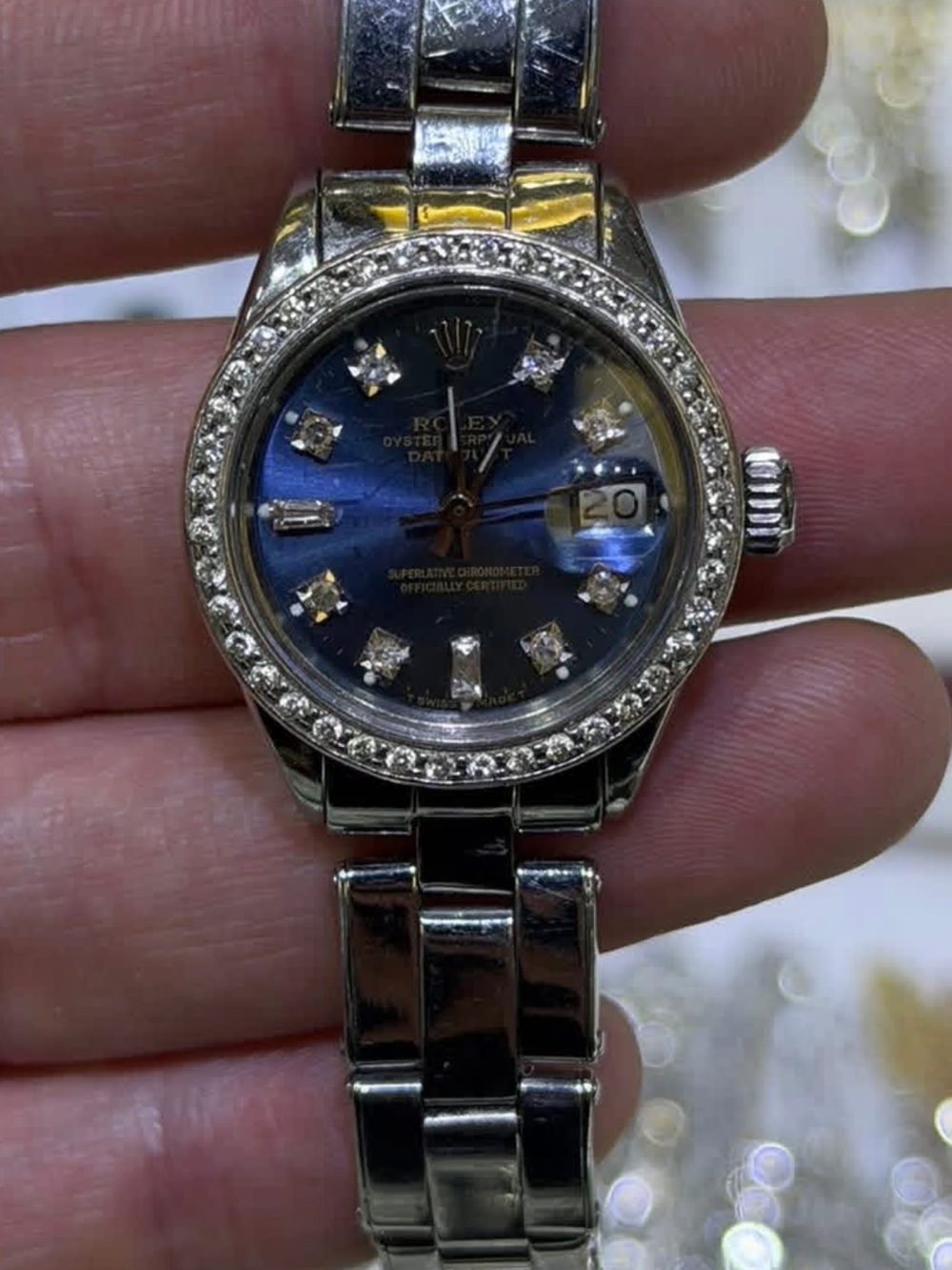 Rolex Women's Silver Watch with Blue Dial and Diamond Accents